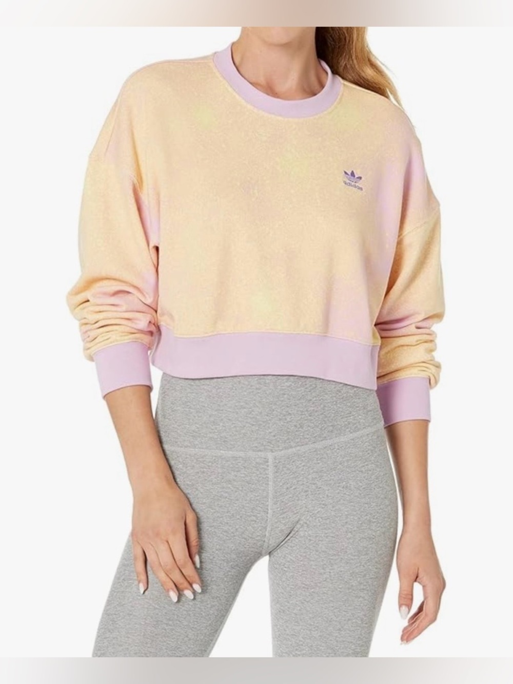 ADIDAS BLISS LILAC/ALMOST YELLOW TYE DYE PRINT CROP HOODIE. SIZE LARGE. P2P:21"